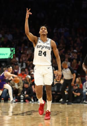 Nov 2, 2023; Phoenix, Arizona, USA; San Antonio Spurs guard Devin Vassell (24) against the Phoenix Suns at Footprint Center.